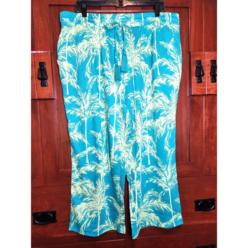 Belle Palazzo Pants Turquoise Blue w/ Yellow Palm Trees Drawstring Size 1X